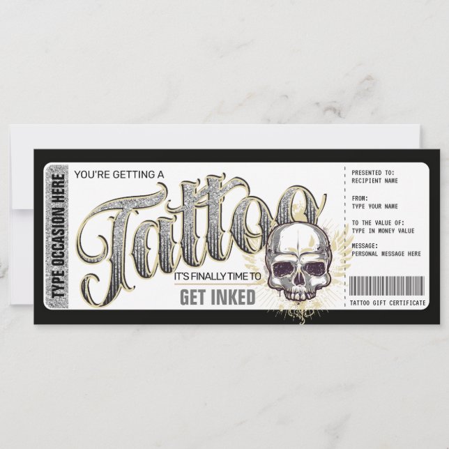 Invitation Billet cadeau pour un tatouage Get Inked (Devant)