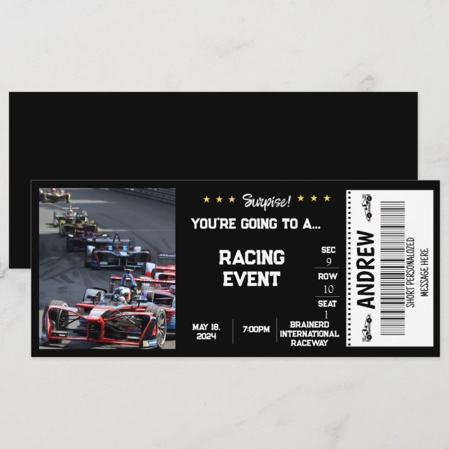 INVITATION BILLET CADEAU SURPRISE VOITURE DE COURSE (Devant / Derrière)