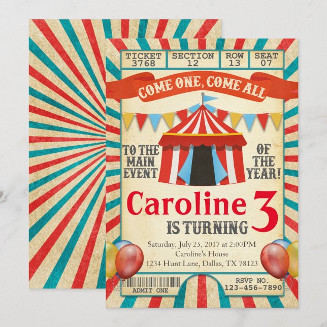 Invitation Billet Carnaval Circus Anniversaire Fête Invitatio (Devant / Derrière)
