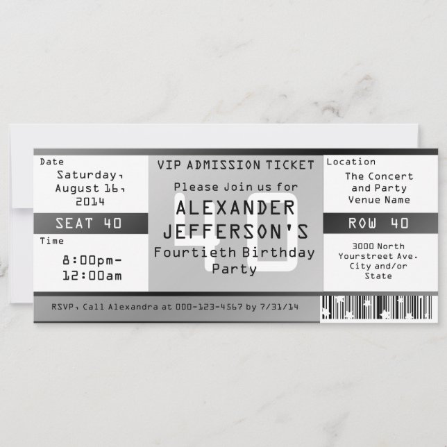 Invitation Billet concert noir et blanc Anniversaire (Devant)
