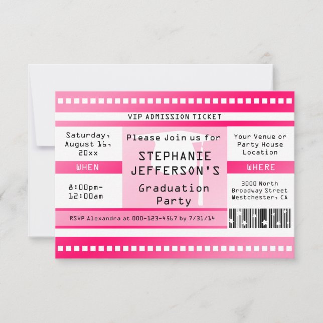 Invitation Billet d'admission Pink Graduation ou Party (Devant)