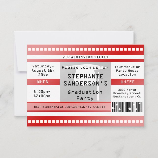 Invitation Billet d'admission Red Graduation ou Party (Devant)