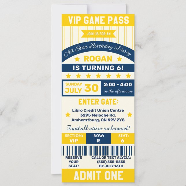 Invitation Billet d'anniversaire Blue & Yellow Sports à thème (Devant)