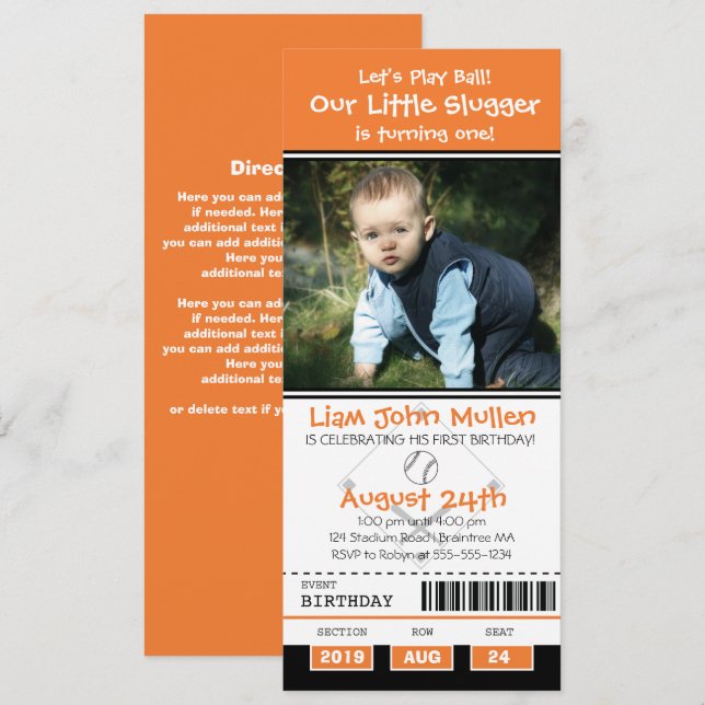 Invitation Billet d'anniversaire de baseball orange et noir (Devant / Derrière)