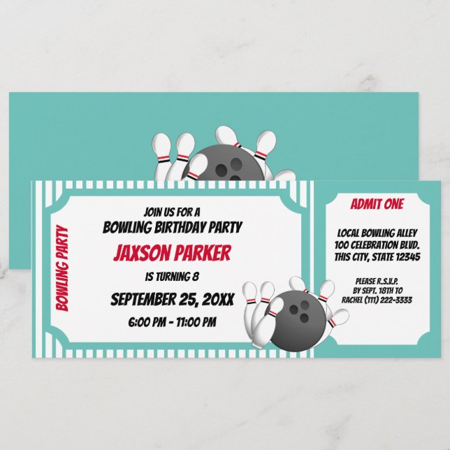 Invitation Billet d'anniversaire de Bowling Party (Devant / Derrière)