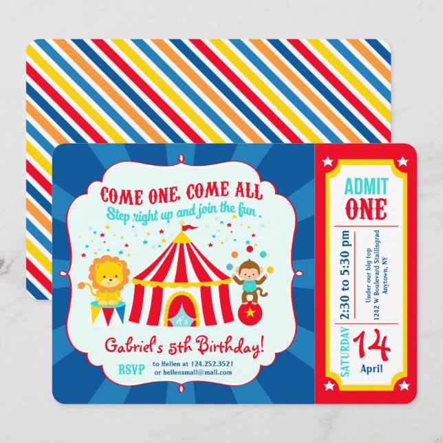 Invitation Billet d'anniversaire du Carnaval du Cirque (Devant / Derrière)