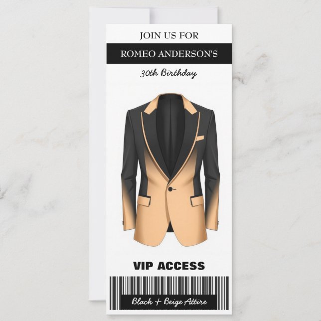 Invitation Billet d'anniversaire en beige noir Tuxedo Invitat (Devant)