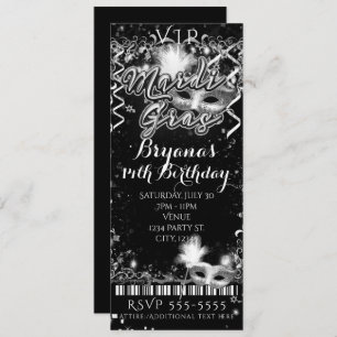 Invitation Billet d'anniversaire Mardi Gras noir et blanc VIP