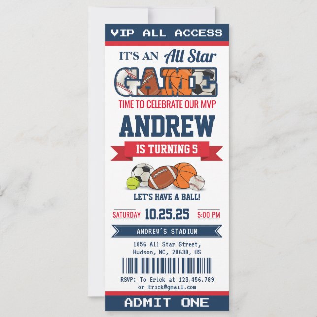 Invitation Billet d'anniversaire personnel All Star Sport pou (Devant)