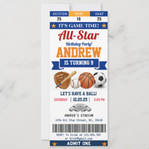 Invitation Billet d'anniversaire Personnel All Star Sport pou