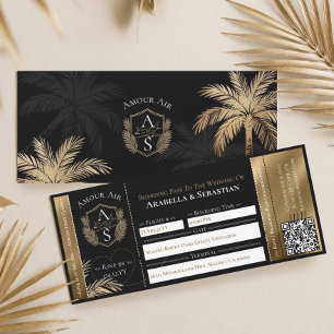Invitation Billet d'avion de mariage tropical en noir et or