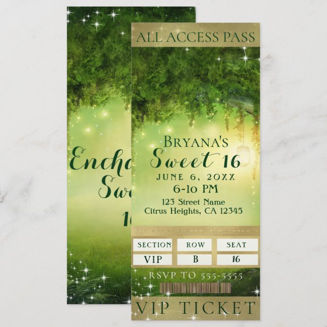 Invitation Billet de 16 parties VIP Sweet Enchanted Green For (Devant / Derrière)