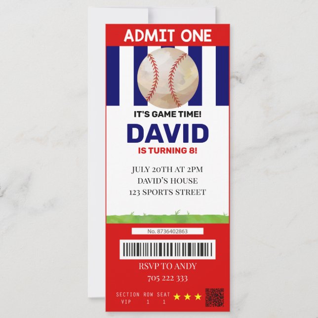 Invitation Billet de baseball Anniversaire Boy Sport Party (Devant)