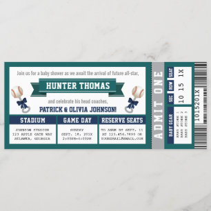 Invitation Billet de baseball Baby shower, Bleu, Vert