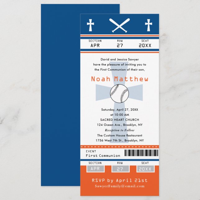 Invitation Billet de baseball Première communion orange bleu (Devant / Derrière)