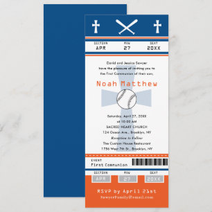Invitation Billet de baseball Première communion orange bleu