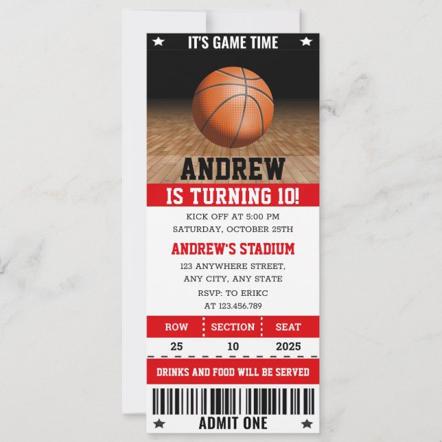 Invitation Billet de basket-ball sport personnel Anniversaire (Devant)