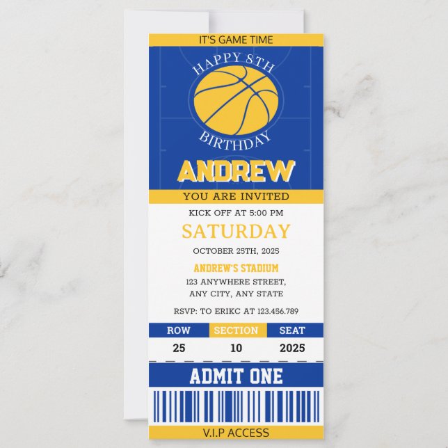 Invitation Billet de basket personnel Bleu et Jaune Anniversa (Devant)