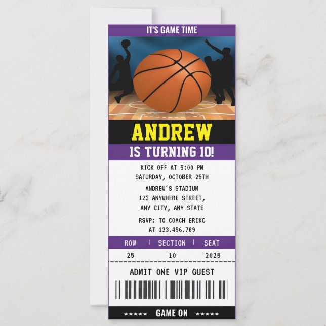 Invitation Billet de basket personnel Sport d'anniversaire (Devant)