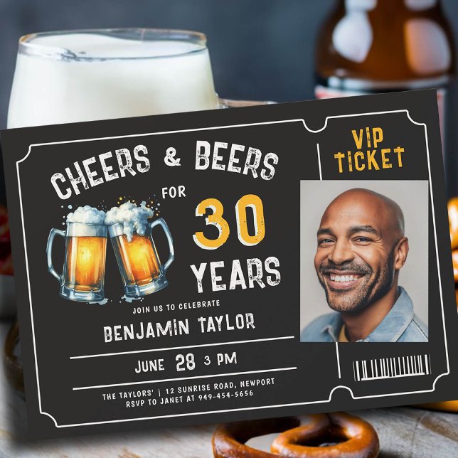 Invitation Billet de bière Hommes Rustique 30e anniversaire P (mens 30th birthday beer party invitation ticket photo black white yellow cheers rustic fun classy)