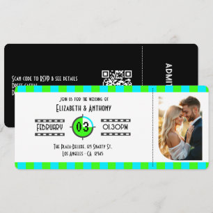 Invitation Billet de Cinéma Bleu Électrique, Vert Néo et Noir