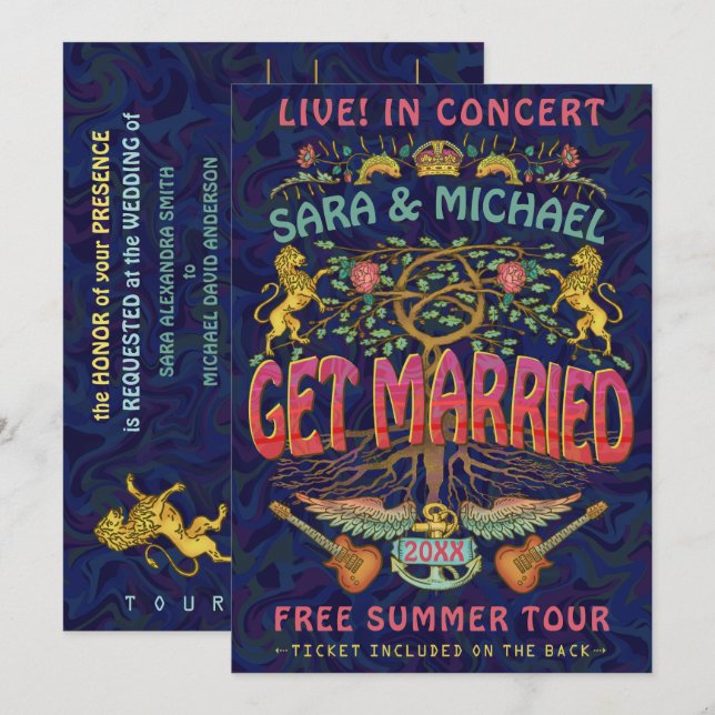 Invitation Billet de concert de groupe rétro des années 70 po (Devant / Derrière)