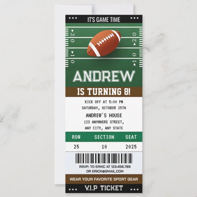 Invitation Billet de football américain personnel (Devant)