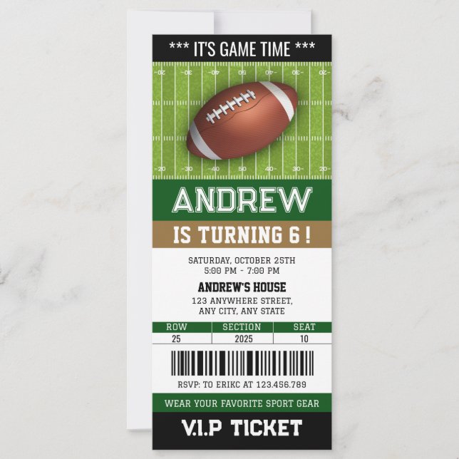 Invitation Billet de football américain personnel Anniversair (Devant)