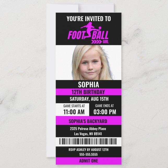 Invitation Billet de football noir violet Anniversaire Photo  (Devant)