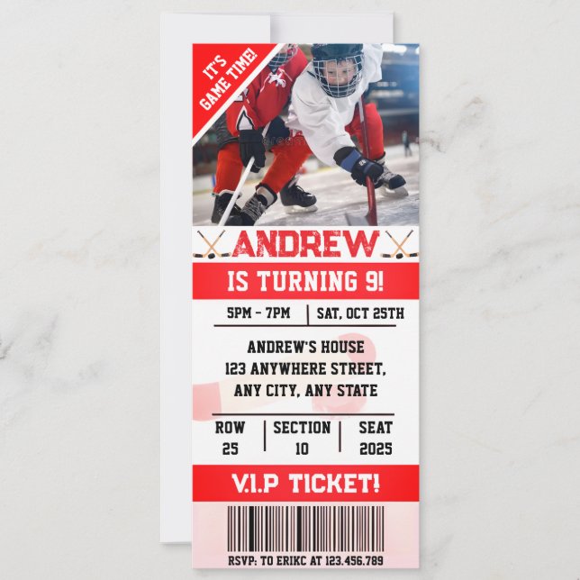 Invitation Billet de hockey numérique modifiable Anniversaire (Devant)
