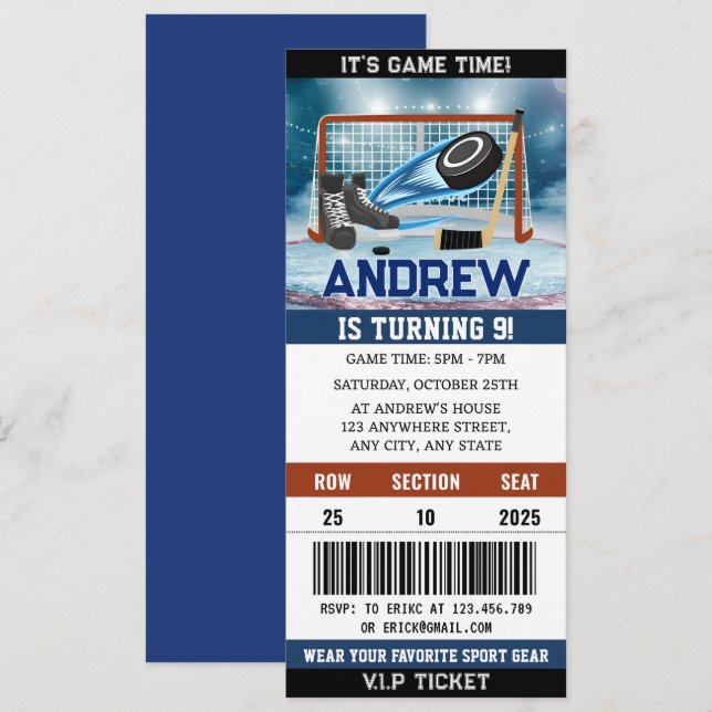 Invitation Billet de hockey personnalisé Décorations d'annive (Devant / Derrière)