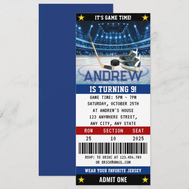 Invitation Billet de hockey personnel Décorations d'anniversa (Devant / Derrière)