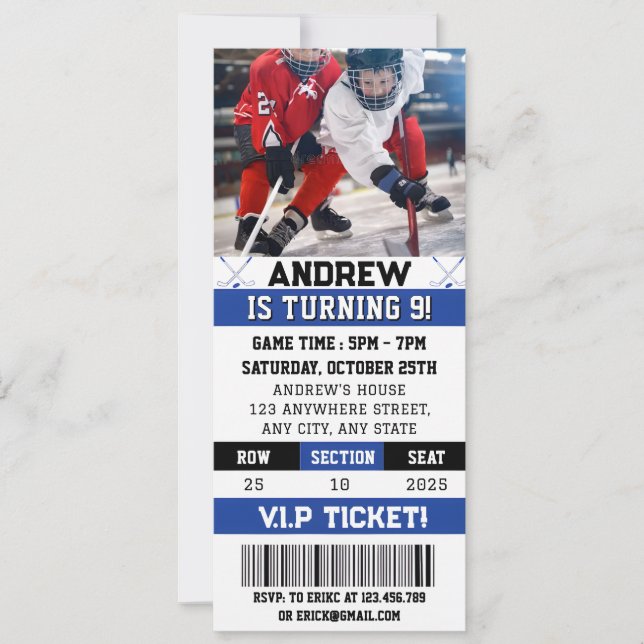 Invitation Billet de hockey personnel fête d'anniversaire ave (Devant)