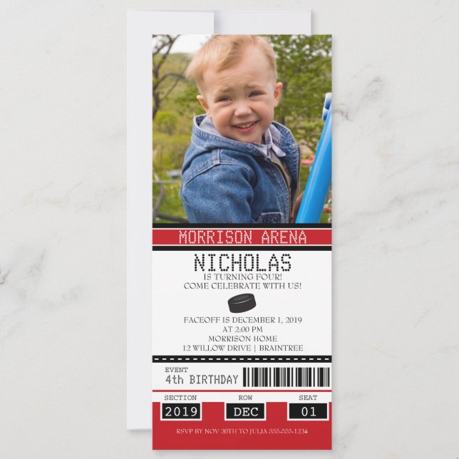Invitation Billet de hockey rouge et noir Anniversaire (Devant)