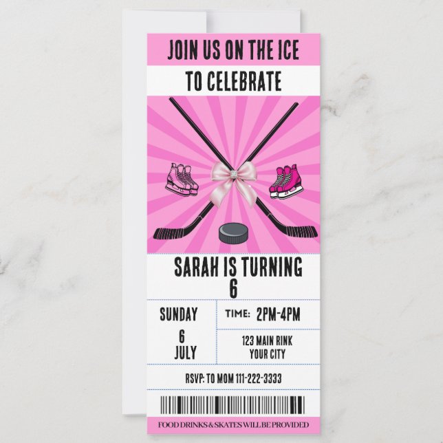 Invitation Billet de hockey sur glace Pink Bow Coquette (Devant)