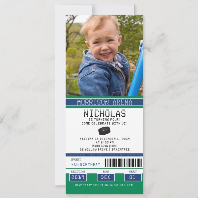 Invitation Billet de hockey vert et bleu Anniversaire (Devant)