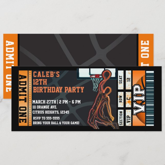 Invitation Billet de jeu de balle VIP pour fête d'anniversair (Devant / Derrière)