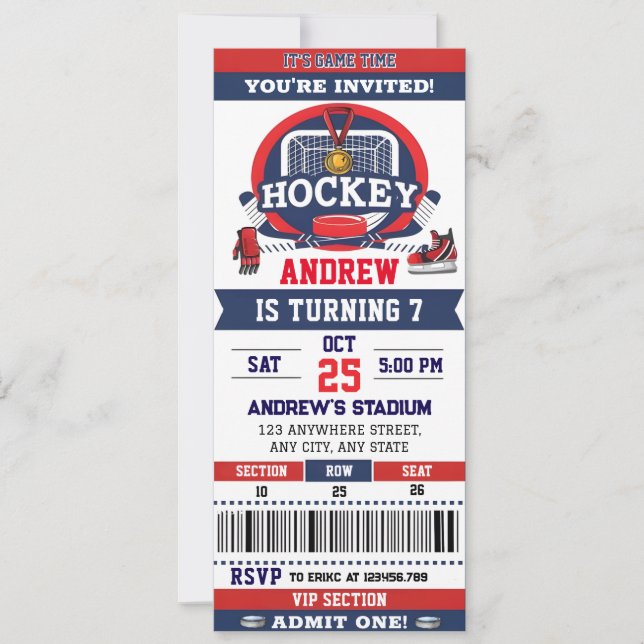 Invitation Billet de jeu de hockey personnel fête d'anniversa (Devant)