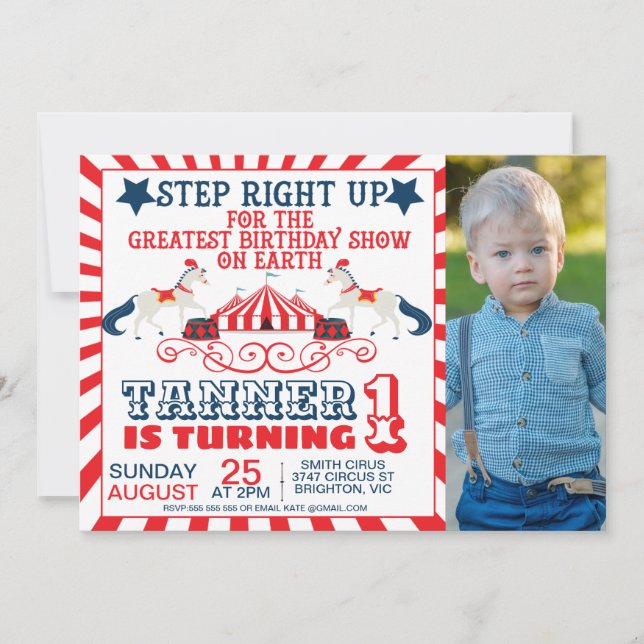 Invitation Billet de la Marine Blue Red Circus Photo Annivers (Devant)