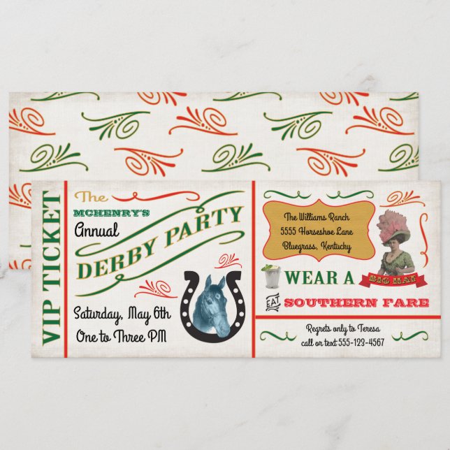 Invitation Billet de la partie de course de chevaux Derby vin (Devant / Derrière)
