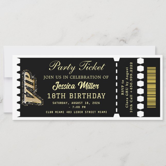 Invitation Billet de la soirée Noir & Or (Devant)