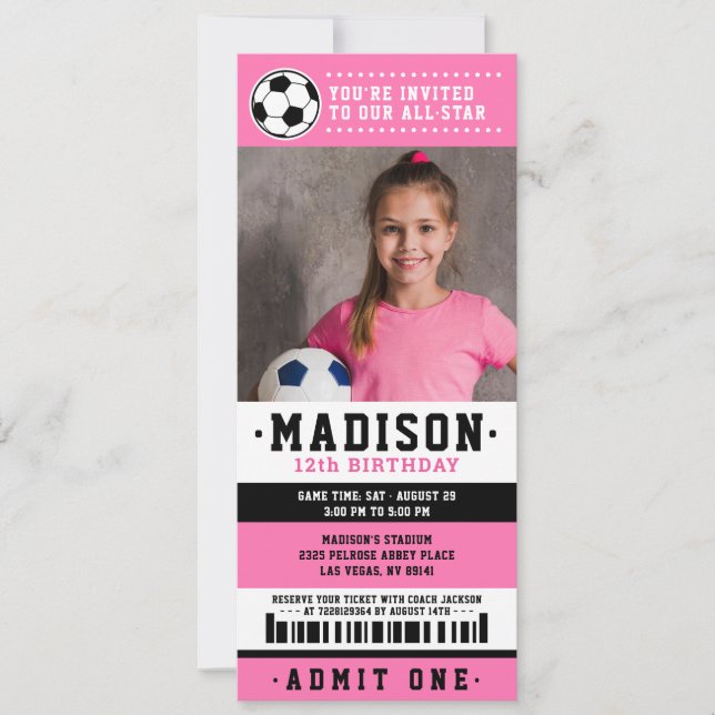 Invitation Billet de soccer rose noir Photo de fête d'anniver (Devant)