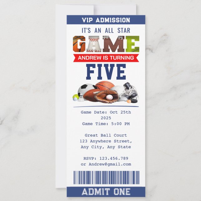 Invitation Billet de sport All Star personnel Anniversaire (Devant)