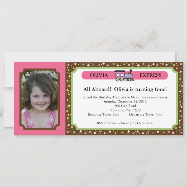 Invitation Billet de train de photo - rose et brun (Devant)