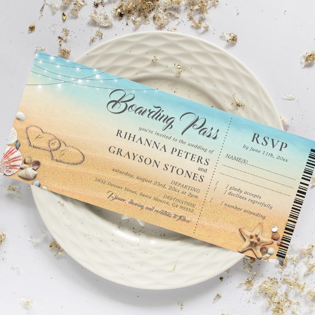 Invitation Billet d'embarquement Cœurs dans le Sable Mariage (Créateur téléchargé)