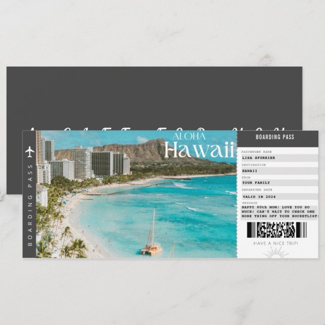 Invitation Billet d'embarquement pour un voyage à Hawaï Vacan (Devant / Derrière)