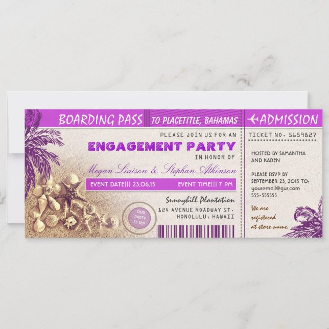 Invitation billet d'embarquement violet pour le parti Engagem (Devant)