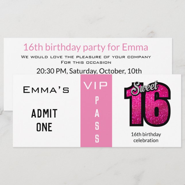 Invitation Billet d'entrée 16e fête d'anniversaire rose et bl (Devant / Derrière)