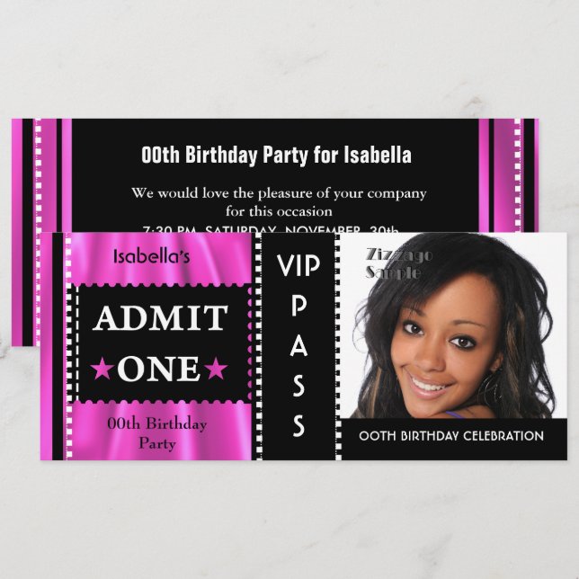 Invitation Billet d'entrée Anniversaire Photo Pink Black (Devant / Derrière)