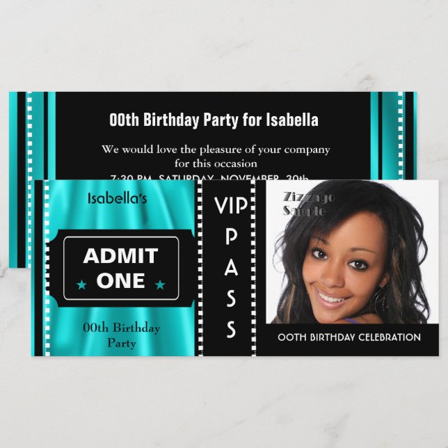 Invitation Billet d'entrée Anniversaire Photo Turquoise Noir (Devant / Derrière)